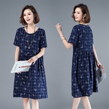 2021年夏季通勤韩版中长款a字裙妈妈装印花抽皱圆领短袖套头裙子，女装连衣裙，伊满意