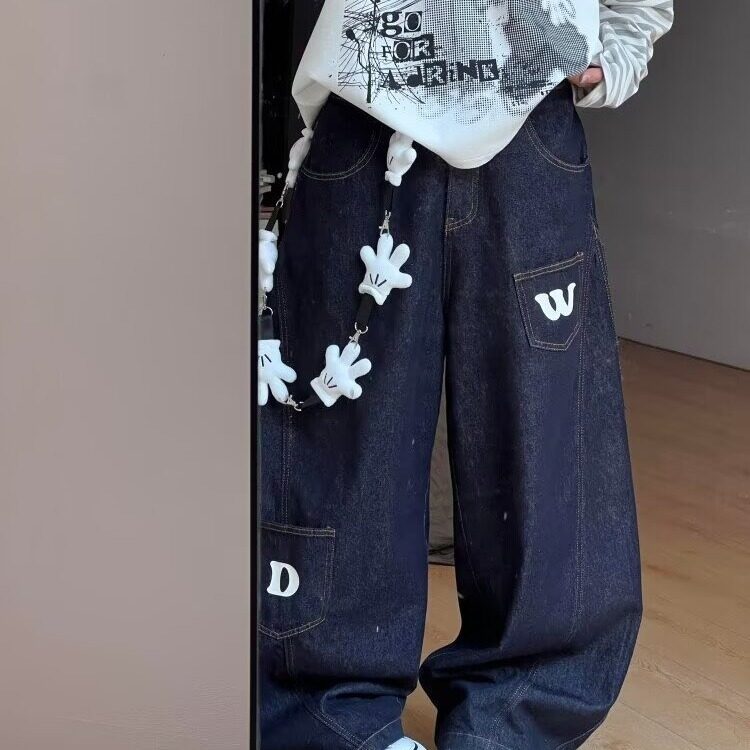 深蓝色字母印花阔腿牛仔裤美式设计感弯刀裤男 网图 8084-P55图片