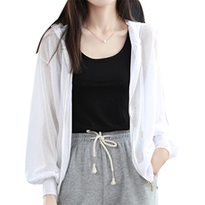 2025夏新款连帽冰丝拉链开衫女针织罩衫薄泡泡袖防晒开衫宽松外搭，女装防晒衣，丽特绒