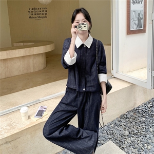 蓝色甜酷撞色小外套阔腿裤套装两件套女2025早秋季高级感时尚穿搭图片