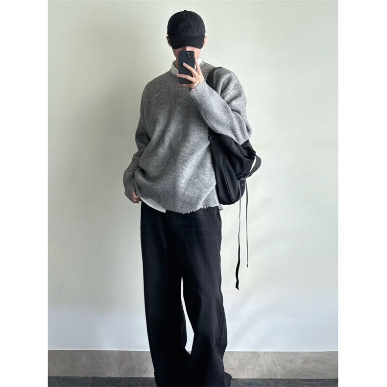 小众破坏风设计感毛衣男宽松秋冬季慵懒风纯色百搭cleanfit针织衫,男装针织衫/毛衣,星座506A