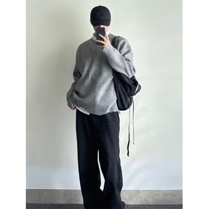 小众破坏风设计感毛衣男宽松秋冬季慵懒风纯色百搭cleanfit针织衫图片