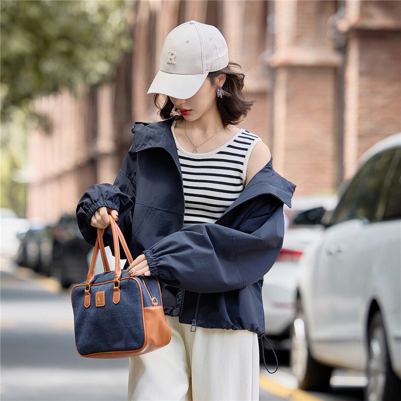 藏青色工装短外套女秋季新款气质纯色风衣夹克连帽小个子冲锋衣,女装短外套,梦懿尔