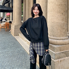 休闲格纹拼接卫衣阔腿裤套装女春秋松弛感运动两件套ootd减龄超火，女装套装/套裙，2C236