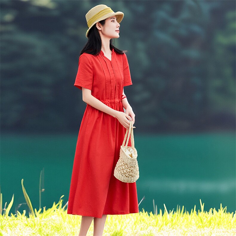2026年夏季大摆型短袖亚麻棉休闲校园聚会约会逛街女士户外,女装连衣裙,江南依恋