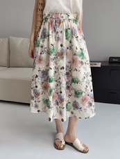 梦幻黑底紫蓝色碎花半身裙女夏季2025新款松紧腰全棉a字花苞裙子，女装半身裙，缘衣格