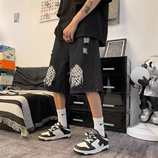 夏季ins潮流高街休闲五分裤棋盘格破洞补丁牛仔短裤男K3837-P36，男装牛仔裤，星座512-2