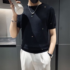 男士绣花针织衫半袖时尚圆领紧身半截袖丝光棉短袖毛衣M865，男装针织衫/毛衣，星座1116A-2（原606A-1）