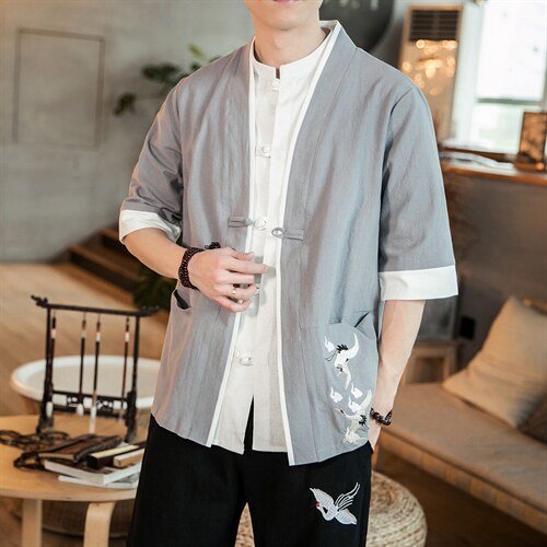 风外套五分袖男唐装盘扣开衫道袍和服宽松夹克茶服 M129 P50图片