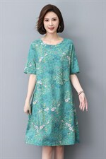 香港新品民族风印花棉质短袖连衣裙女中长宽松遮肚子显瘦，女装连衣裙，涵誉