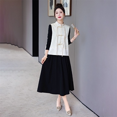 现货新中式套裙女2024年春季新款提花复古盘扣马甲连衣裙两件套，女装套装/套裙，火爆靓佳人