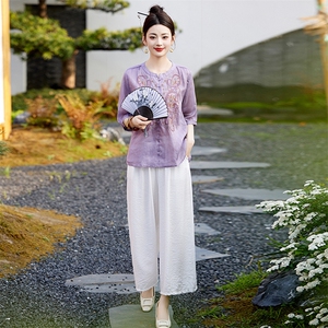 棉麻套装女绣花新款夏装搭配一整套中年妈妈阔腿裤装亚麻两件套图片