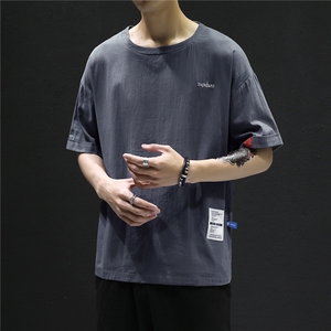 T215男士休闲风棉麻亚麻透气凉爽T潮男装大码胖子高个黑墙风图片