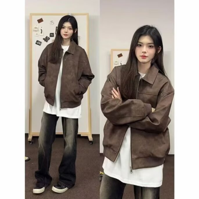 美拉德美式复古cleanfit外套男款春秋季猎装皮夹克短款垫肩机车服图片