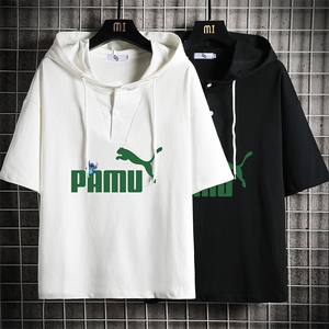 LD54227-P45 连帽短袖t恤男大码胖子带帽五分袖中袖 网格挂拍图片