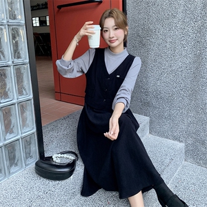黑色法式假两件拼接连衣裙女2025秋季新款气质显瘦轻熟风a字长裙图片