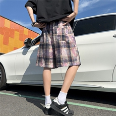 2025夏装新款美式扎染格子短裤五分裤男潮流K9902/特P25车景6，男装牛仔裤，电商A094