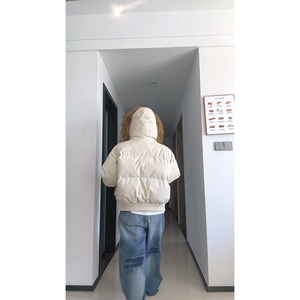 现货三防重磅硬挺boxy短款羽绒棉衣座山雕大毛毛领PU皮棉服外套冬