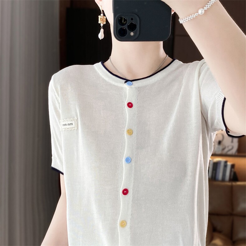 针织开衫短袖上衣夏季小衫时尚短款洋气休闲冰丝半袖彩扣外搭，女装蕾丝衫/雪纺衫，暖姿羊绒