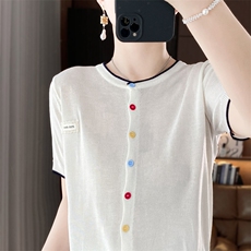 针织开衫短袖上衣夏季小衫时尚短款洋气休闲冰丝半袖彩扣外搭，女装蕾丝衫/雪纺衫，暖姿羊绒