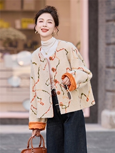 撞色提花单排扣毛呢外套女2026春秋新款高级轻奢小香风短款外套图片