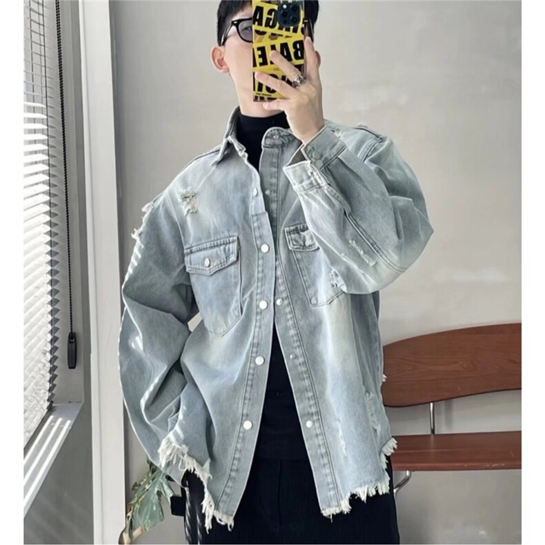 秋季款-重工原版高品质J38破洞毛边牛仔夹克衬衫外套蓝色S-3XLP59，男装衬衫，星座1210-1