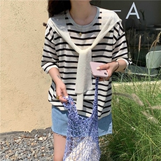 夏季新款简约条纹短袖针织衫女宽松休闲上衣，女装针织衫/毛衣，伟祺羊绒