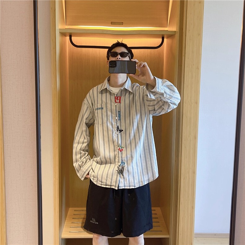 1506-1/GJ080/P46秋季新款美式复古条纹刺绣衬衫，男装衬衫，星座1506A