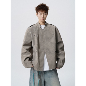 可二开雾霾脏脏灰大码M-5XL立领肩章PU皮夹克JK78181P95控158图片