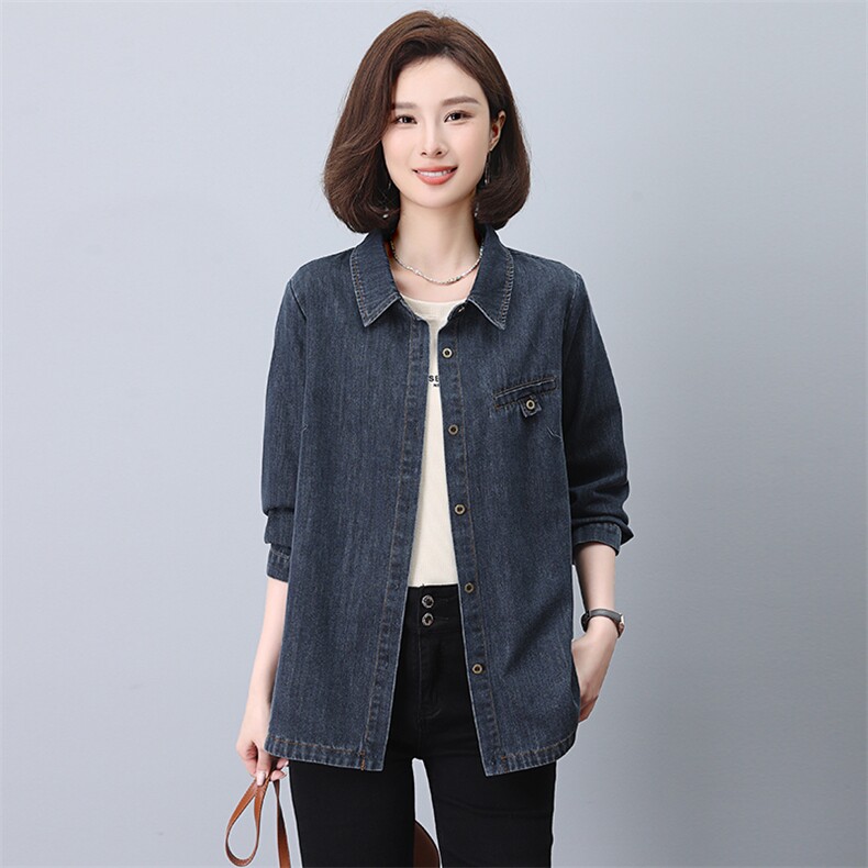 时尚百搭牛仔衬衫女长袖宽松显瘦外套春秋季新款韩版学生上衣,女装衬衫,韩派