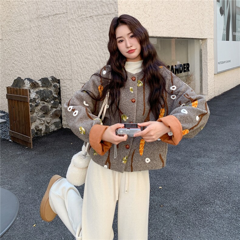 复古刺绣毛呢外套女冬季2025新款韩系休闲短款小个子显瘦呢子大衣,女装毛呢外套,2C057