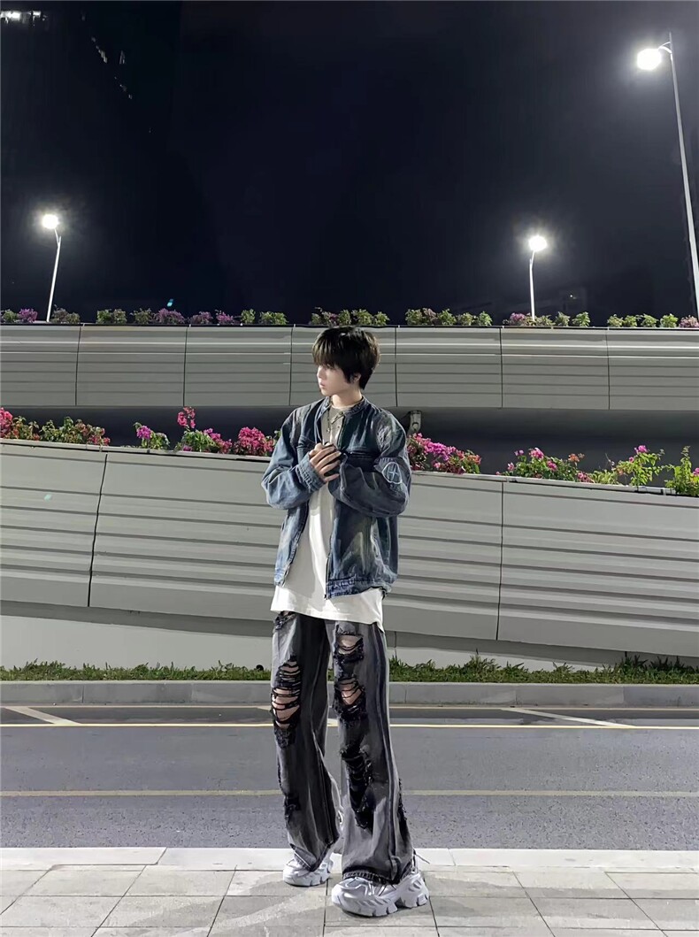 破洞牛仔裤男美式高街vibe裤子潮牌痞帅炸街直筒微喇裤KZA143-P55,男装牛仔裤,星座1007（原301D）