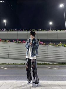 破洞牛仔裤男美式高街vibe裤子潮牌痞帅炸街直筒微喇裤KZA143-P55图片