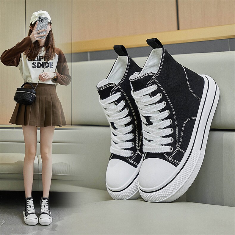 2024春季高帮帆布鞋新款韩版ins女学生增高运动板鞋潮休闲鞋，女鞋帆布鞋，电商A223