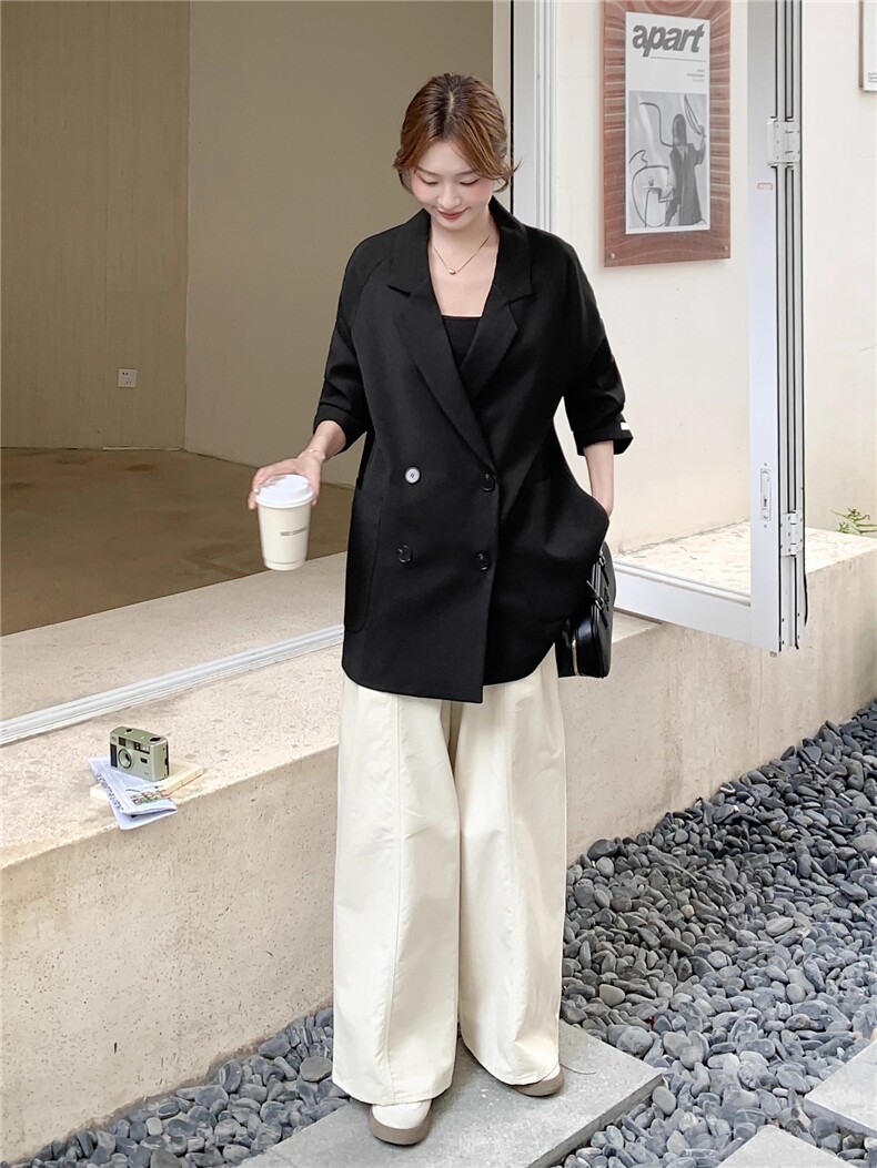 休闲薄款西服黑色翻领宽松西装外套秋,女装西装,2C033