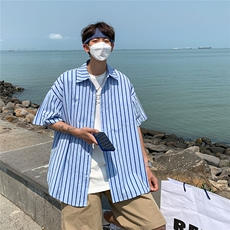 新款夏天条纹衬衫男短袖宽松港风衬衣韩版半袖上衣DX178P3555，男装T恤，电商B413-1
