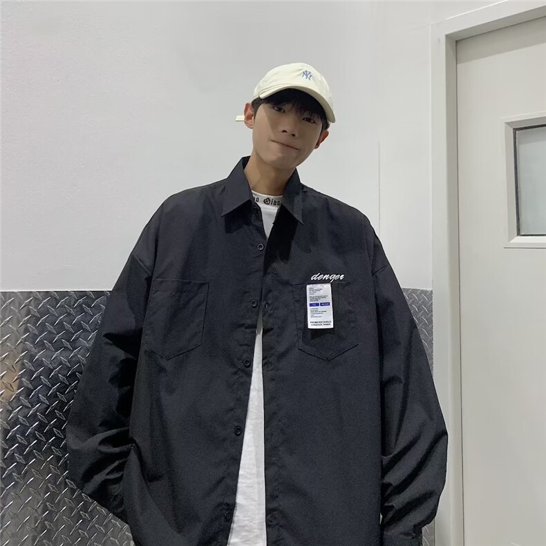 衬衫男港风高级潮牌贴标长袖白上衣秋季高街ins潮痞帅衬衣C2201,男装衬衫,星座1116A-1（原606A）