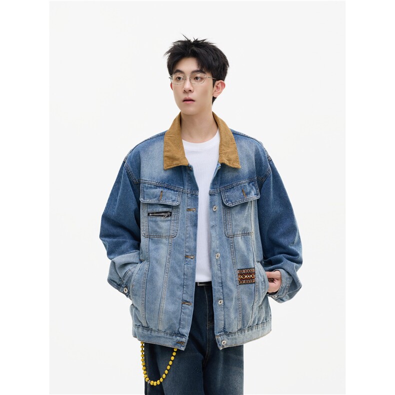 文艺气质原宿百搭简约潮流灯芯绒翻领撞色拼接牛仔外套JK4504,男装工装外套,星座516A
