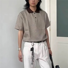 极速2025经典千鸟格撞色短袖polo衫复古格纹宽松翻领半袖T恤男，男装T恤，星座506A