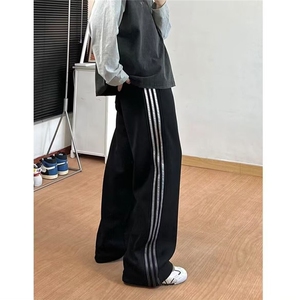 美式渐变条纹裤子男春秋三条杠直筒高街卫裤直筒垂感运动休闲裤男图片