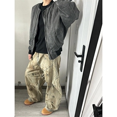 美式街头黄泥染脏洗阔腿弯刀牛仔裤男女水洗宽松休闲裤LQ533-P60，男装牛仔裤，星座1008