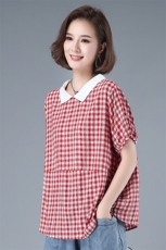 夏装新款大码遮肉休闲洋气气质翻领格子t恤女宽松韩版，女装衬衫，叶笙衣