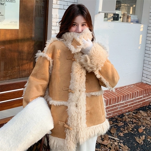 麂皮绒皮毛一体羊羔毛外套女2024冬新款时尚宽松毛茸茸机车服棉服图片
