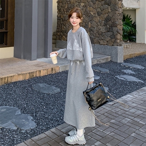 韩系灰色蕾丝拼接卫衣连衣裙女2025春独特漂亮休闲气质长裙两件套图片