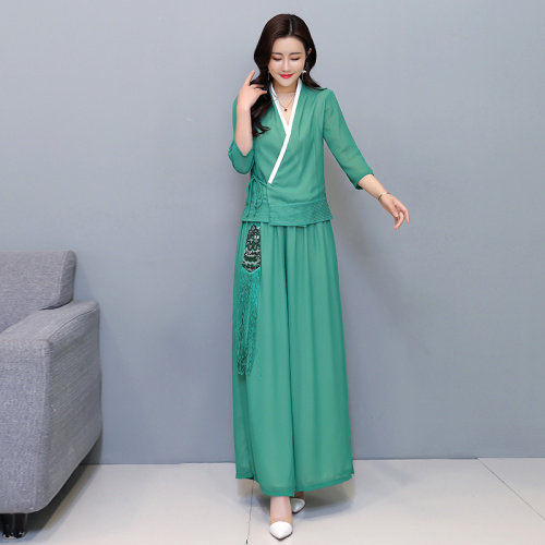 芷墨原创时尚风Y领上衣阔腿裤两件套装茶服,女装套装/套裙,芷墨服饰