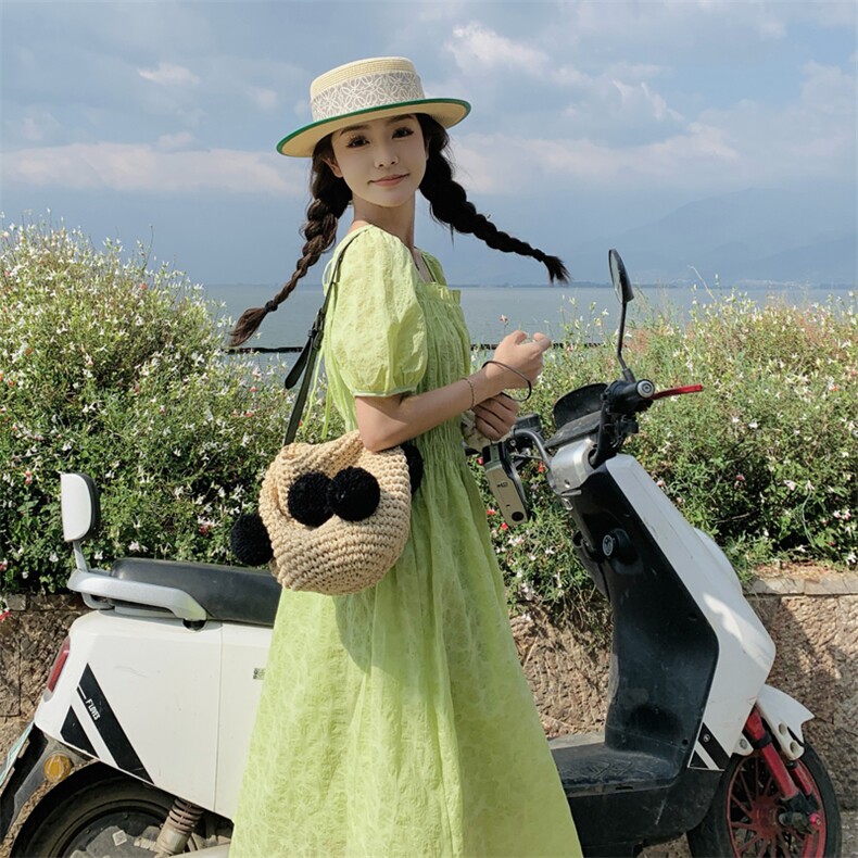 绿色森系小清新连衣裙女2024夏季新款法式肌理感甜美初恋显瘦长裙，女装连衣裙，帛香坊