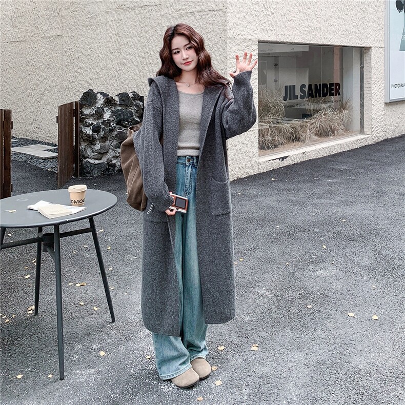 灰色长款连帽针织开衫女秋冬韩版高级感慵懒风大毛衣外套，女装针织衫/毛衣，浙宝305