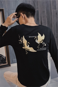 1秋季长袖修身T恤仙鹤刺绣社会小伙韩版潮男打底衫C301B-CT15-P45图片
