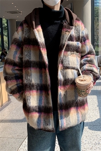 美式潮牌秋冬高级感小众毛呢夹克宽松刺绣格子连帽外套男女情侣装图片