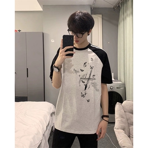 抖音得物品质二开240克宽松纯棉美式潮牌插肩三杠织带短袖T恤图片